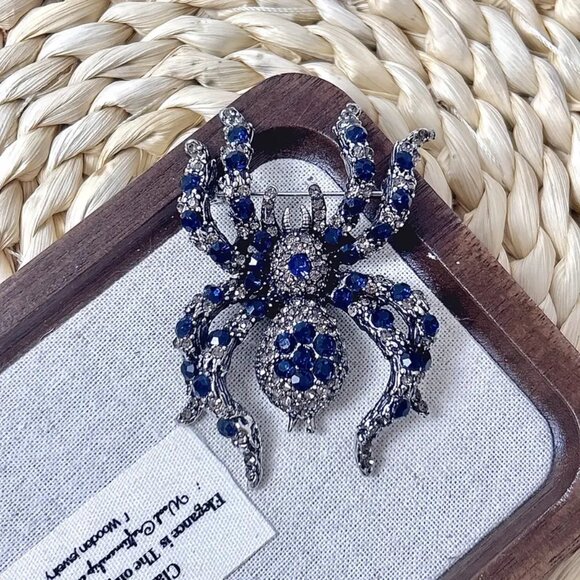 NWOT - Gothic Spider Brooch Pin - Blue Faux Gemstones and combo Display Case - Picture 5 of 8